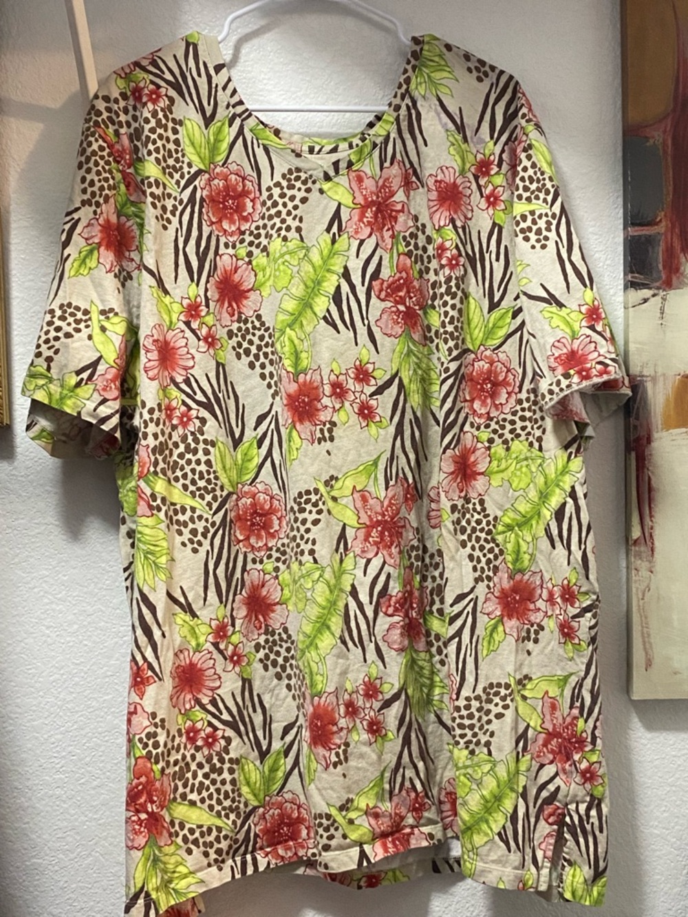 Liz & Me Floral Print Cream Top with Red and Lime Accents